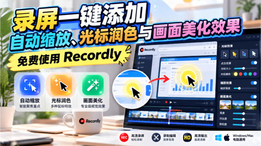 录屏一键添加自动缩放、光标润色与画面美化效果，免费使用Recordly-孔明聊项目