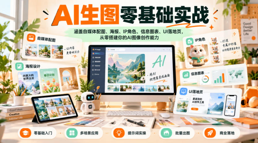 AI生图零基础实战，涵盖自媒体配图、海报、IP角色、信息图表、UI落地页，从零搭建你的AI图像创作能力-孔明聊项目