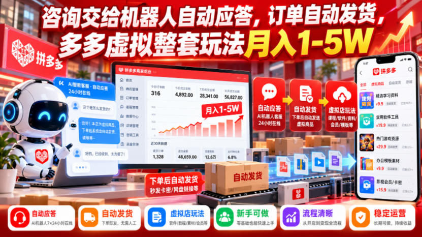 咨询交给机器人自动应答，订单自动发货，多多虚拟整套玩法月入1-5W【揭秘】-孔明聊项目