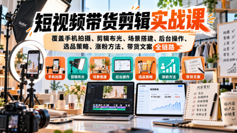 短视频带货剪辑实战课,覆盖手机拍摄、剪辑布光、场景搭建、后台操作、选品策略、涨粉方法、带货文案全链路-孔明聊项目