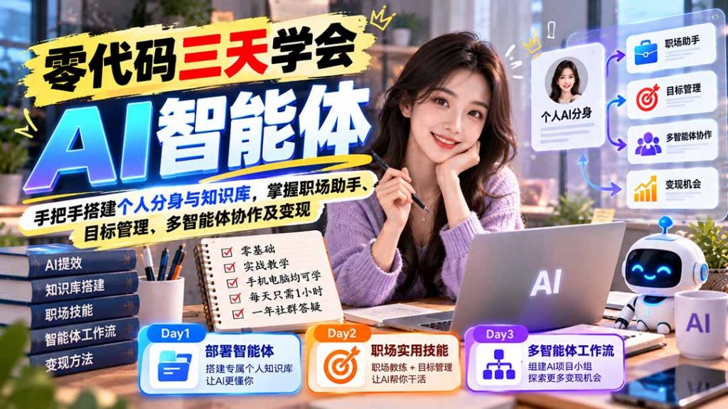 【无水印】零代码三天学会AI智能体：手把手搭建个人分身与知识库，掌握职场助手、目标管理、多智能体协作及变现-孔明聊项目