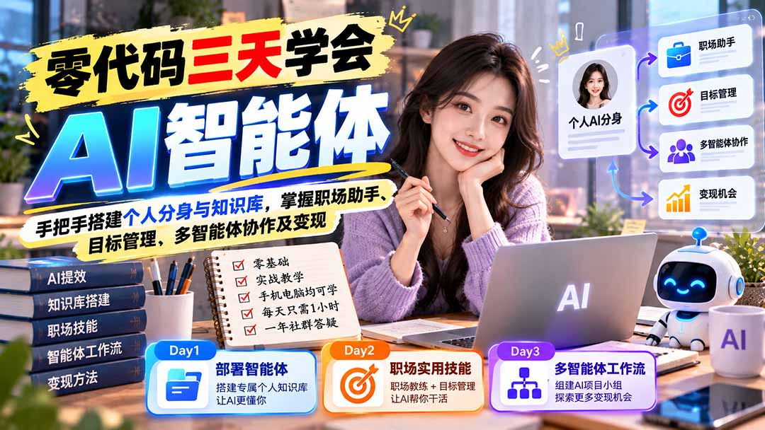 【无水印】零代码三天学会AI智能体：手把手搭建个人分身与知识库，掌握职场助手、目标管理、多智能体协作及变现-孔明聊项目