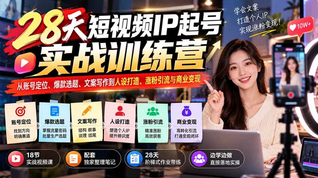 28天短视频IP起号实战训练营：从账号定位、爆款选题、文案写作到人设打造、涨粉引流与商业变现-孔明聊项目