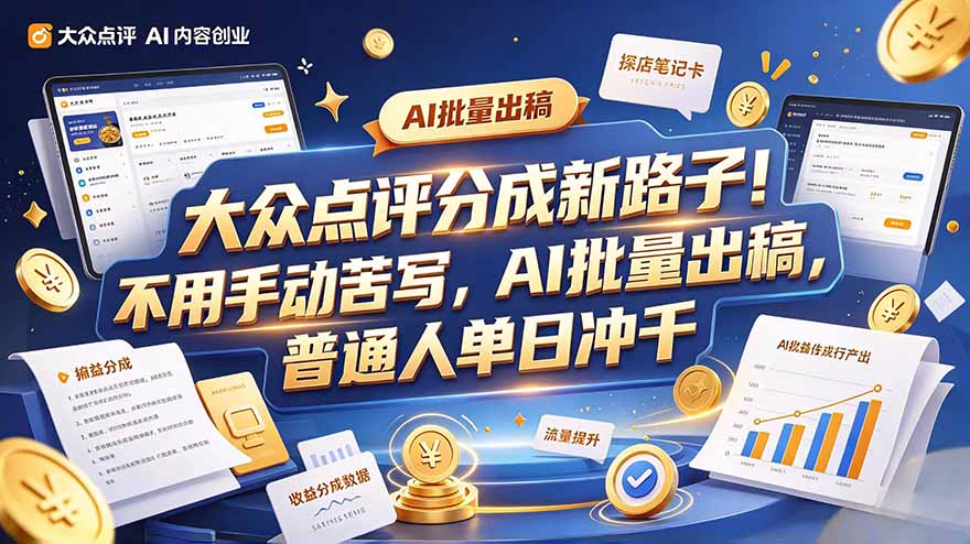 大众点评副业新玩法，工具提效解放双手，批量做笔记，单日可破千-孔明聊项目