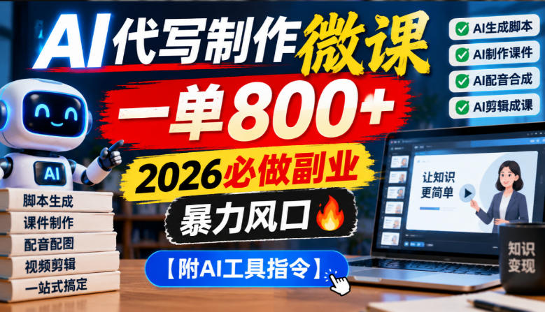 AI代写制作微课，一单800+，2026必做副业，暴力风口【附AI工具指令】【揭秘】-孔明聊项目