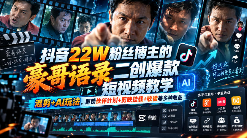 抖音22W粉丝博主的豪哥语录二创爆款短视频教学，混剪+AI玩法，解锁伙伴计划+剪映挂载+收徒等多种收益-孔明聊项目