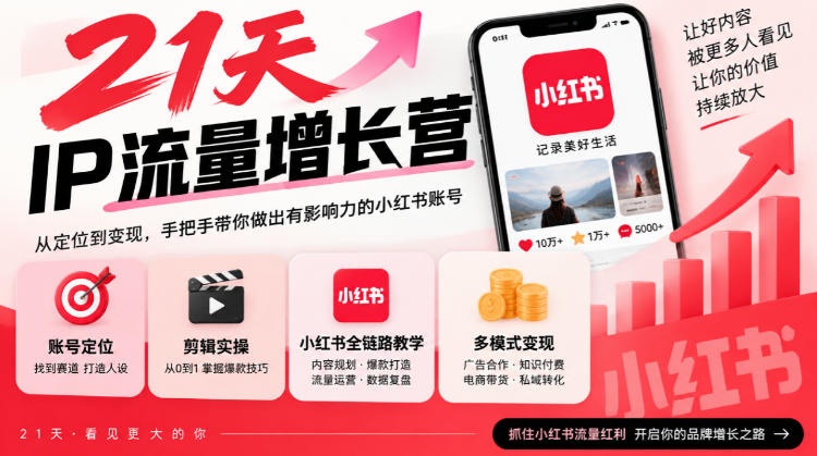 21天IP流量增长营，小红书全链路教学，账号定位剪辑实操，多模式变现系统课-孔明聊项目