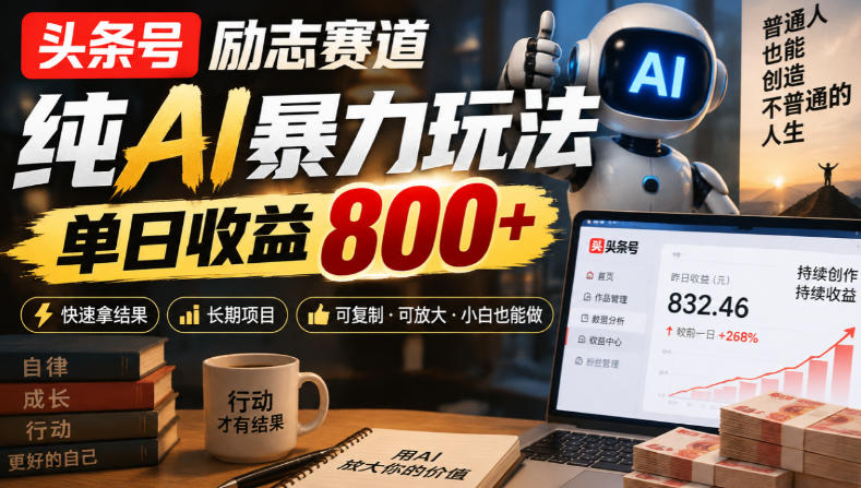 头条号励志赛道，纯AI暴力玩法，单日收益800+，快速拿结果，长期项目-孔明聊项目