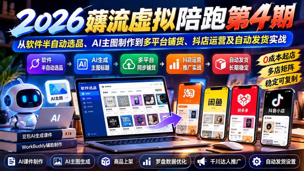2026薅流虚拟陪跑第4期：从软件半自动选品、AI主图制作到多平台铺货、抖店运营及自动发货实战-孔明聊项目