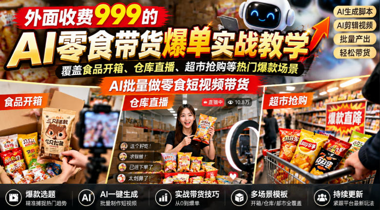 外面收费999的AI零食带货爆单实战教学，覆盖食品开箱、仓库直播、超市抢购等热门爆款场景，AI批量做零食短视频带货-孔明聊项目