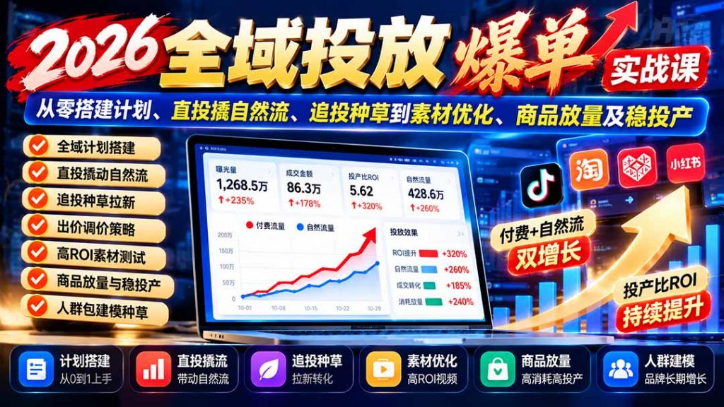 2026全域投放爆单实战课：从零搭建计划、直投撬自然流、追投种草到素材优化、商品放量及稳投产-孔明聊项目