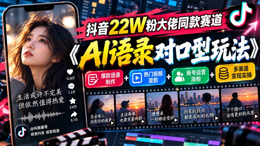 抖音22W粉大佬同款赛道《AI语录对口型玩法》：爆款语录制作+热门视频混剪+账号运营涨粉+多渠道变现实操-孔明聊项目