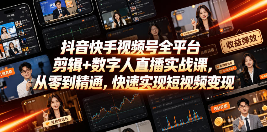 抖音快手视频号全平台剪辑+数字人直播实战课，从零到精通，快速实现短视频变现(更新2026年10月)​-孔明聊项目