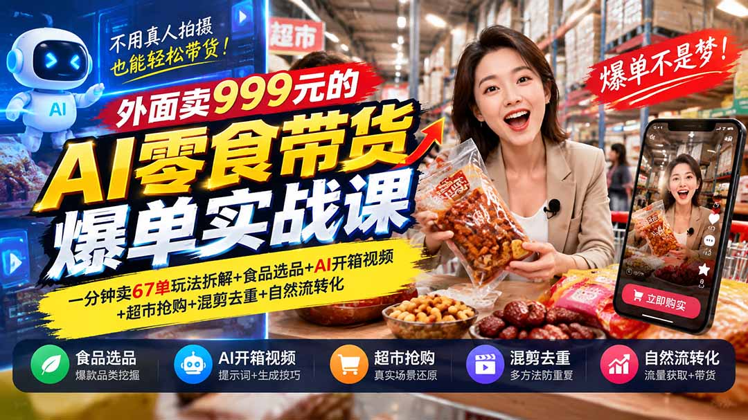 外面卖999元的AI零食带货爆单实战课｜一分钟卖67单玩法拆解+食品选品+AI开箱视频+超市抢购+混剪去重+自然流转化-孔明聊项目
