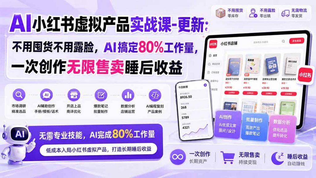 AI小红书虚拟产品实战课-更新1017：不用囤货不用露脸，AI搞定80%工作量，一次创作无限售卖睡后收益-孔明聊项目