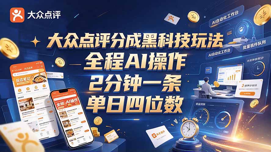 大众点评分成全网独家玩法，AI 全自动出内容，2 分钟一条，小白可冲单日四位数-孔明聊项目