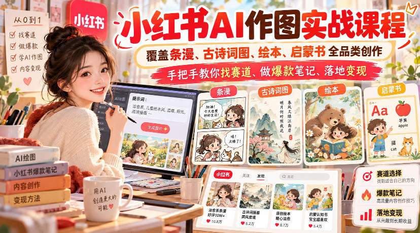 小红书AI作图实战课程，覆盖条漫、古诗词图、绘本、启蒙书全品类创作，手把手教你找赛道、做爆款笔记、落地变现(更新1017)-孔明聊项目