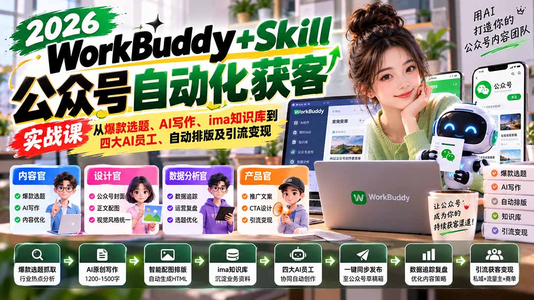 WorkBuddy + Skill公众号自动化获客实战课：从爆款选题、AI写作、ima知识库到四大AI员工、自动排版及引流变现-孔明聊项目