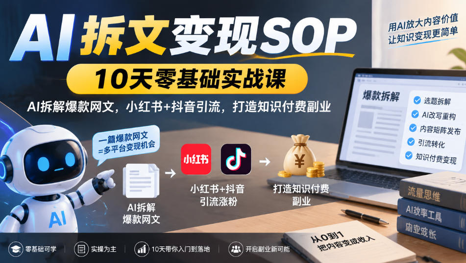 AI拆文变现SOP｜10天零基础实战课，AI拆解爆款网文，小红书+抖音引流，打造知识付费副业-孔明聊项目