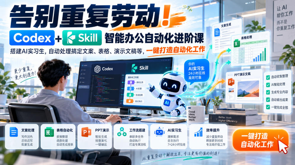 告别重复劳动！Codex+Skill智能办公自动化进阶课｜搭建AI实习生，自动处理搞定文案、表格、演示文稿等，一键打造自动化工作-孔明聊项目