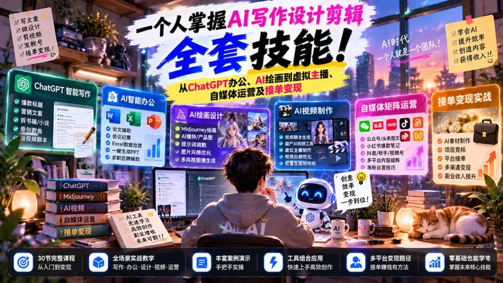 一个人掌握AI写作设计剪辑全套技能：从ChatGPT办公、AI绘画到虚拟主播、自媒体运营及接单变现-孔明聊项目