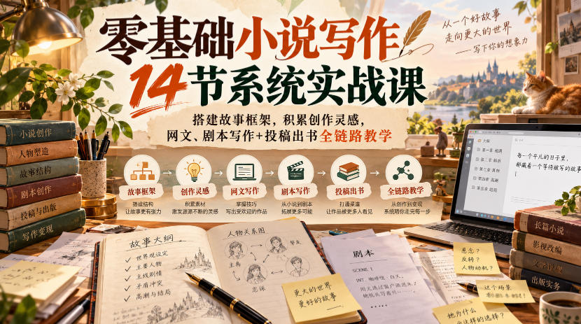 零基础小说写作14节系统实战课，搭建故事框架，积累创作灵感，网文、剧本写作+投稿出书全链路教学-孔明聊项目