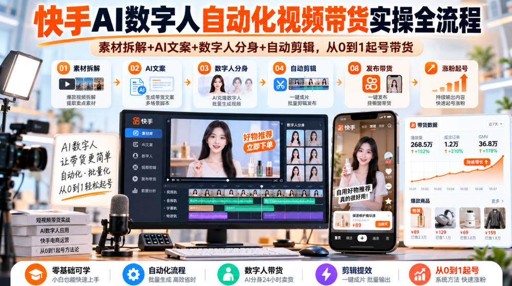快手AI数字人自动化视频带货实操全流程｜素材拆解+AI文案+数字人分身+自动剪辑，从0到1起号带货(更新26年)-孔明聊项目