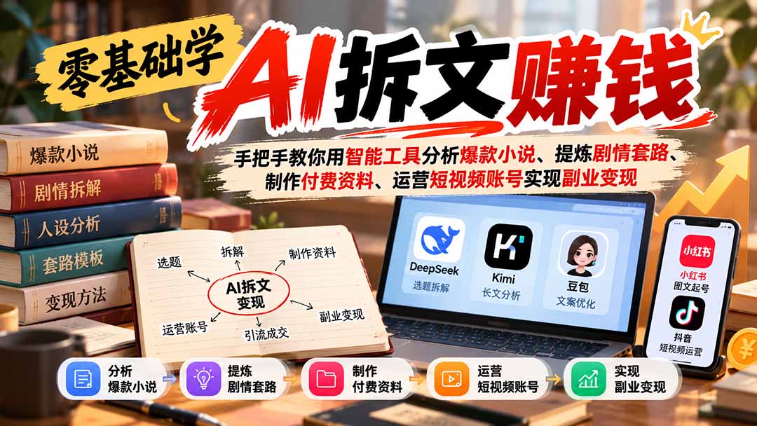 零基础学AI拆文赚钱：手把手教你用智能工具分析爆款小说、提炼剧情套路、制作付费资料、运营短视频账号实现副业变现-孔明聊项目