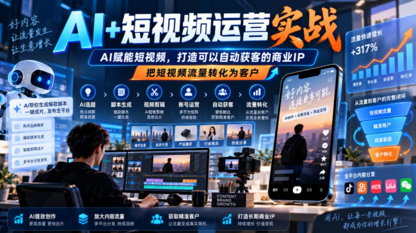 AI+短视频运营实战，AI赋能短视频，打造可以自动获客的商业IP，把短视频流量转化为客户-孔明聊项目