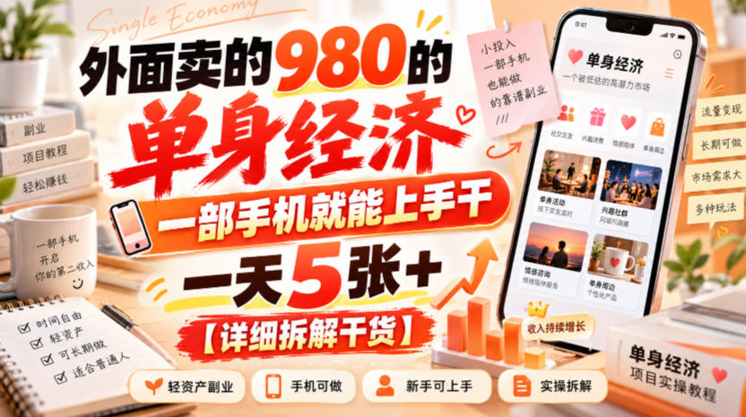外面卖的980的单身经济，一部手机就能上手干，一天5张+【详细拆解干货】-孔明聊项目