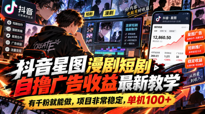 抖音星图漫剧短剧自撸广告收益最新教学，有千粉就能做，项目非常稳定，单机100+-孔明聊项目