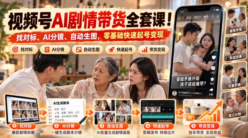 视频号AI剧情带货全套课！找对标、AI分镜、自动生图，零基础快速起号变现-孔明聊项目