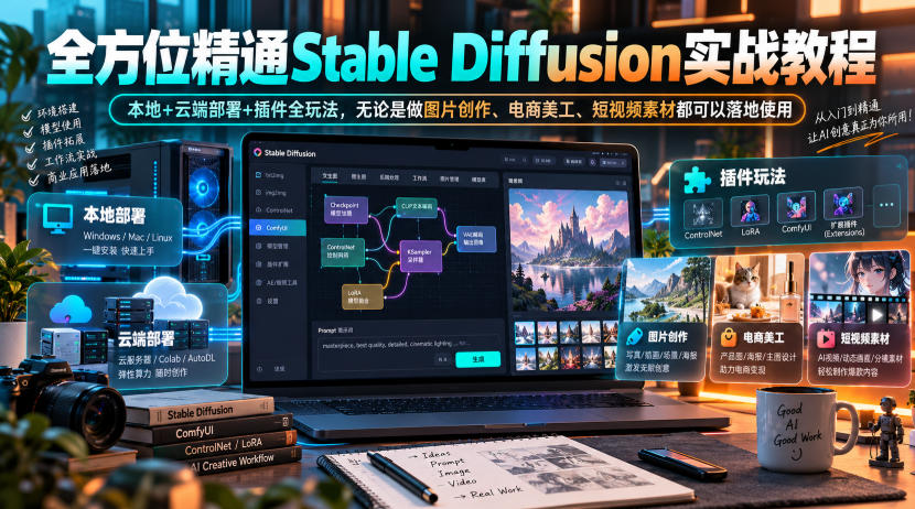 全方位精通Stable Diffusion实战教程｜本地+云端部署+插件全玩法，无论是做图片创作、电商美工、短视频素材都可以落地使用-孔明聊项目