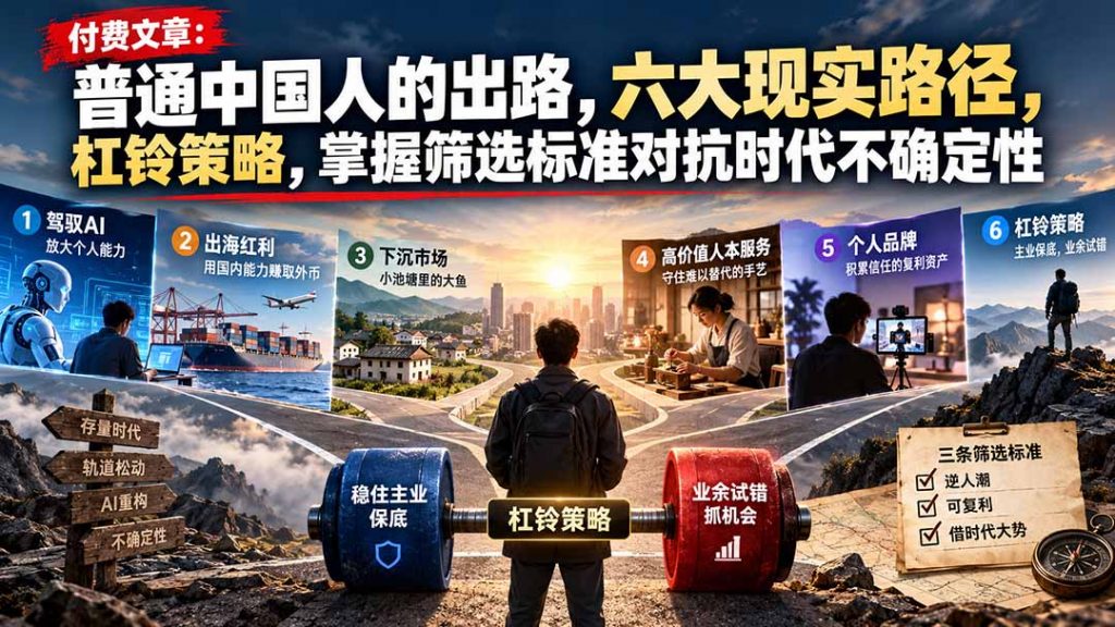 付费文章：普通中国人的出路，六大现实路径，杠铃策略，掌握筛选标准对抗时代不确定性-孔明聊项目
