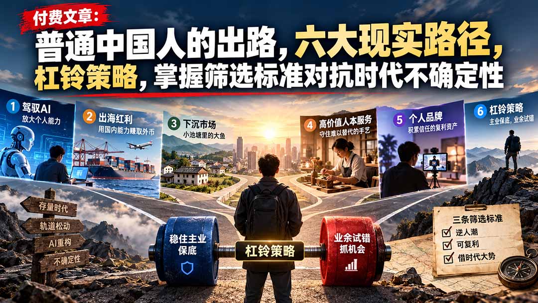付费文章：普通中国人的出路，六大现实路径，杠铃策略，掌握筛选标准对抗时代不确定性-孔明聊项目