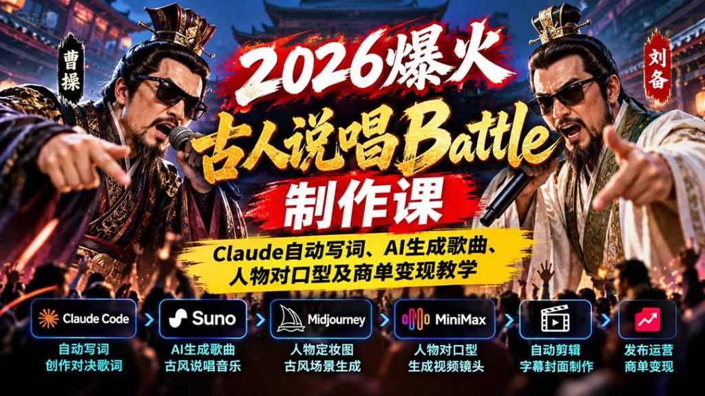 2026爆火古人说唱Battle制作课:Claude自动写词、AI生成歌曲、人物对口型及商单变现教学-孔明聊项目