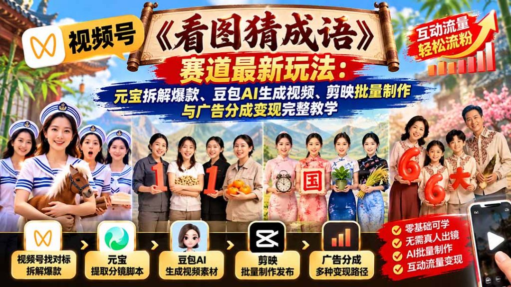 视频号《看图猜成语》赛道最新玩法：元宝拆解爆款、豆包AI生成视频、剪映批量制作与广告分成变现完整教学-孔明聊项目