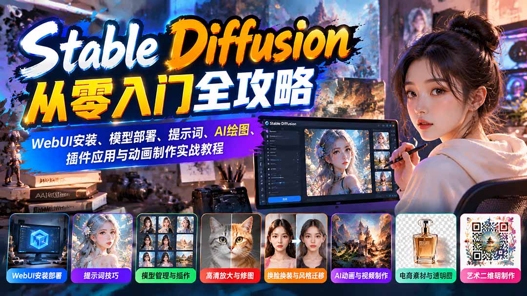 Stable Diffusion从零入门全攻略：WebUI安装、模型部署、提示词、AI绘图、插件应用与动画制作实战教程-孔明聊项目