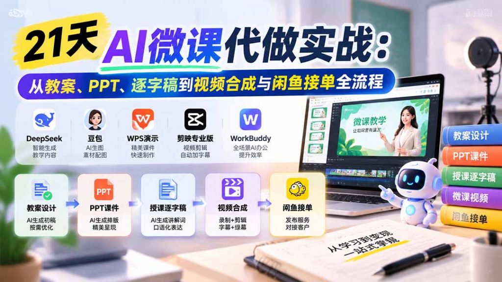 21天AI微课代做实战：从教案、PPT、逐字稿到视频合成与闲鱼接单全流程-孔明聊项目