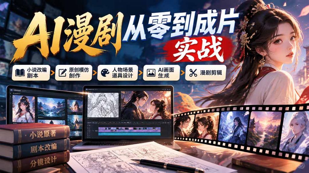 AI漫剧从零到成片实战：小说改编剧本、原创模仿创作、人物场景道具设计、AI画面生成与漫剧剪辑-孔明聊项目