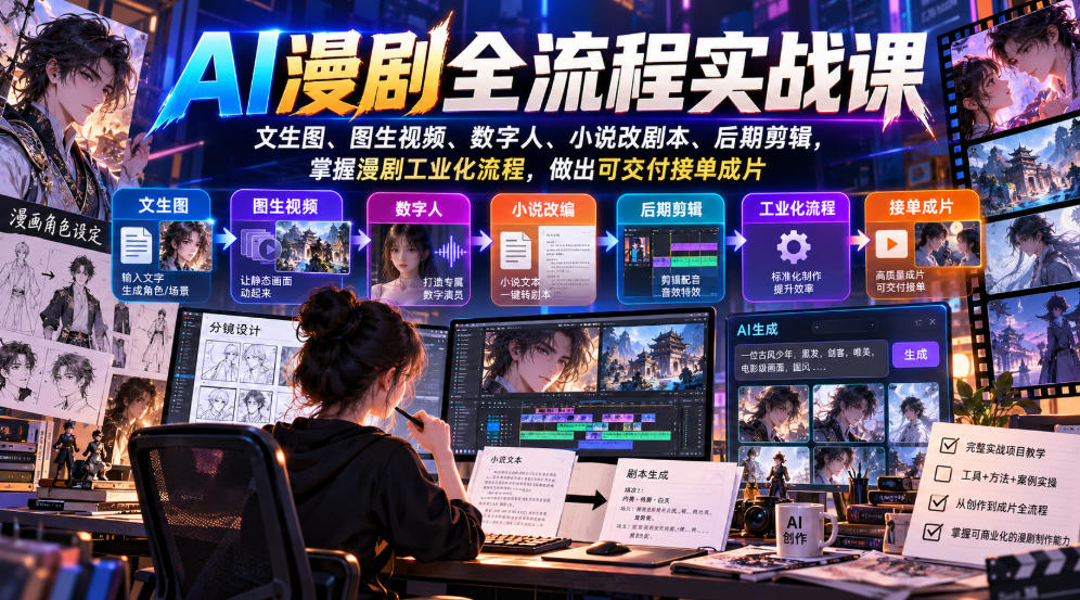 AI漫剧全流程实战课，文生图、图生视频、数字人、小说改剧本、后期剪辑，掌握漫剧工业化流程，做出可交付接单成片-孔明聊项目