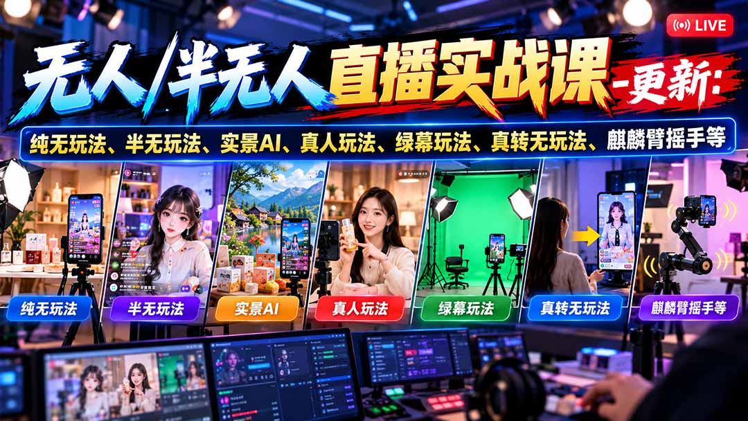 无人/半无人直播实战课-10月20更新：纯无玩法、半无玩法、实景AI、真人玩法、绿幕玩法、真转无玩法、麒麟臂摇手等-孔明聊项目