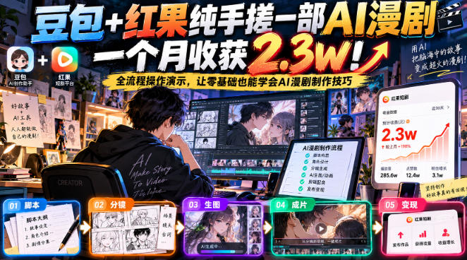 豆包+红果纯手搓一部AI漫剧一个月收获2.3w！全流程操作演示，让零基础也能学会AI漫剧制作技巧-孔明聊项目
