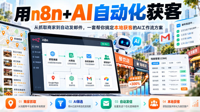 【无水印】用n8n+AI自动化获客，从抓取商家到自动发邮件，一套帮你搞定本地获客的AI工作流方案【原创双语字幕】-孔明聊项目