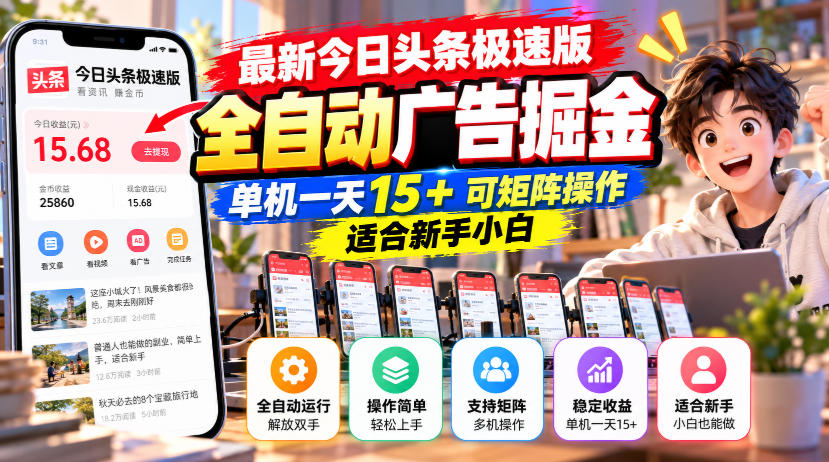 最新今日头条极速版全自动广告掘金，单机一天15+可矩阵操作适合新手小白-孔明聊项目