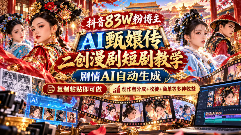 抖音83W粉博主AI甄嬛传二创漫剧短剧教学｜剧情AI自动生成，复制粘贴即可做，各大平台创作者分成+收徒等多种收益-孔明聊项目