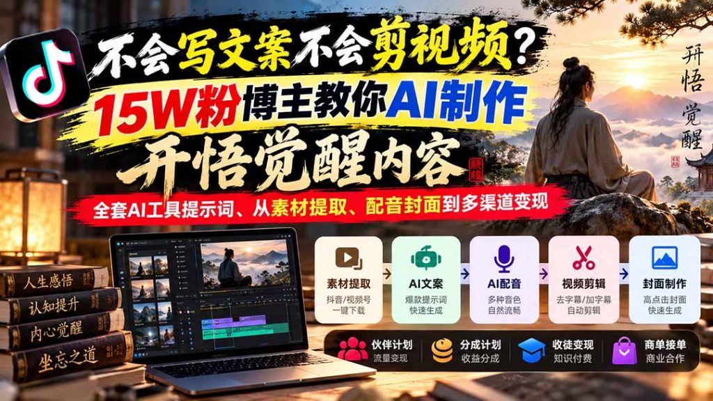 不会写文案不会剪视频？15W粉博主教你AI制作开悟觉醒内容，全套AI工具提示词、从素材提取、配音封面到多渠道变现-孔明聊项目
