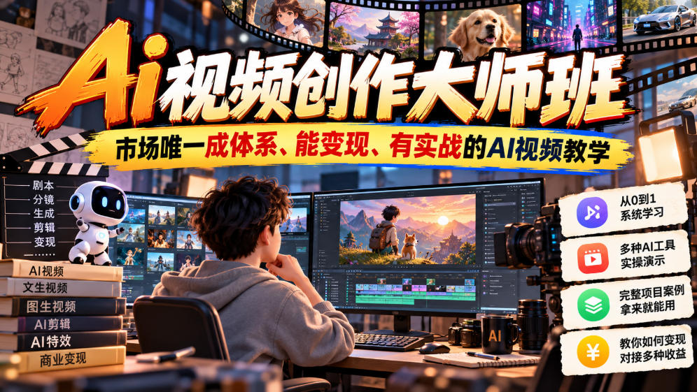 Ai视频创作大师班，市场唯一成体系、能变现、有实战的AI视频教学(更新2026)-孔明聊项目