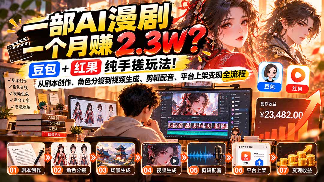 一部AI漫剧一个月赚2.3W？豆包+红果纯手搓玩法！从剧本创作、角色分镜到视频生成、剪辑配音、平台上架变现全流程-孔明聊项目