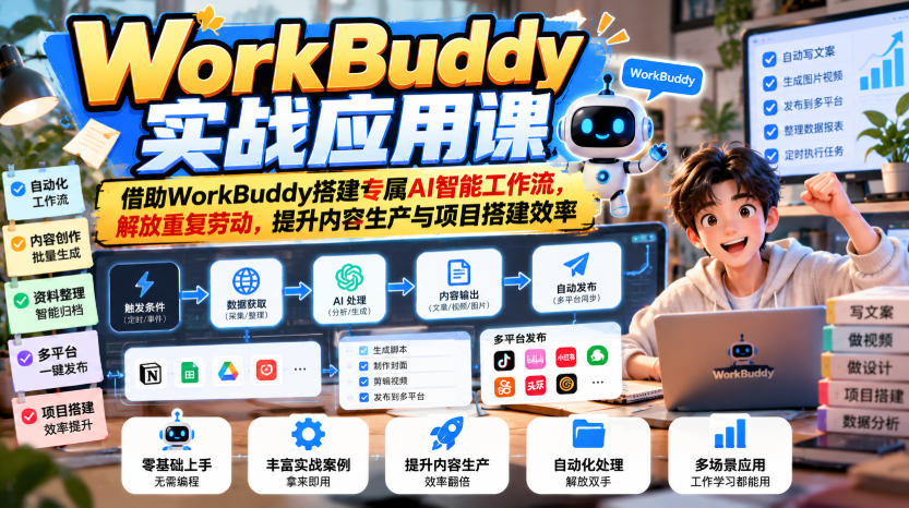 WorkBuddy实战应用课,借助WorkBuddy搭建专属AI智能工作流,解放重复劳动,提升内容生产与项目搭建效率-孔明聊项目